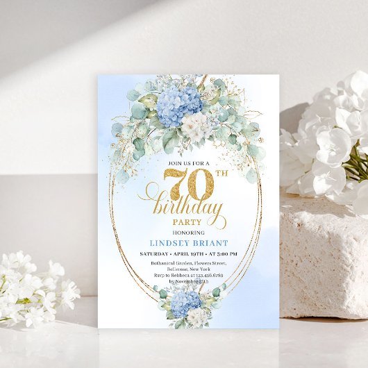 Bohemian 70th Birthday Blue Floral Gold Invitation 招待状