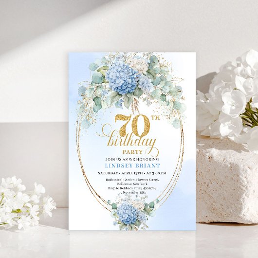 Bohemian 70th Birthday Blue Hydrangeas Gold Invite 招待状