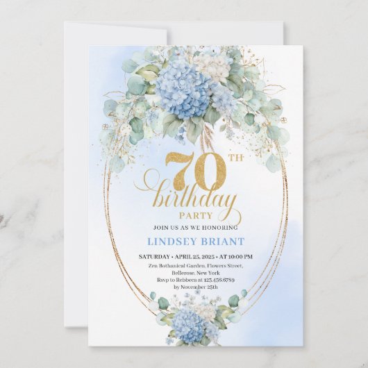 Bohemian 70th Birthday Blue Hydrangeas Gold Invite 招待状 (正面)