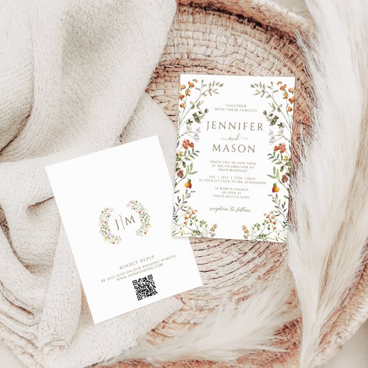 Bohemian Autumn Meadow Flower Wreath Fall Wedding 招待状