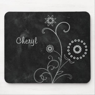 Bohemian Blackboard白かわいらしい花（名前あり） マウスパッド