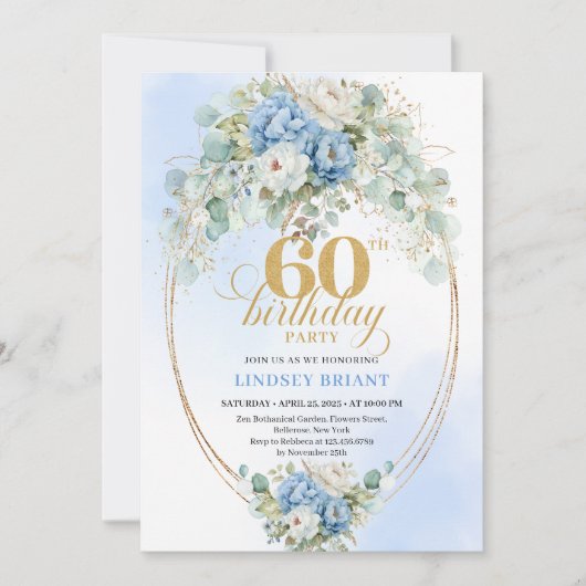 Bohemian Blue Floral 60th Birthday Invitation 招待状 (正面)
