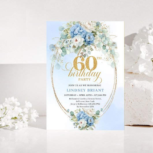 Bohemian Blue Floral 60th Birthday Invitation 招待状