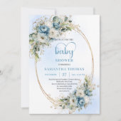 Bohemian Blue Floral Eucalyptus Gold Baby Shower  招待状 (正面)