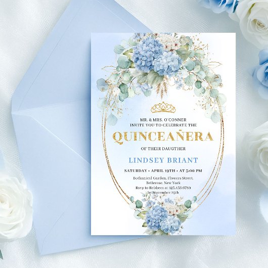 Bohemian Blue Floral Eucalyptus Quinceañera Invite 招待状