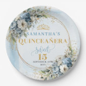 Bohemian Blue Floral Gold Custom Name Quince Plate ペーパープレート (正面)