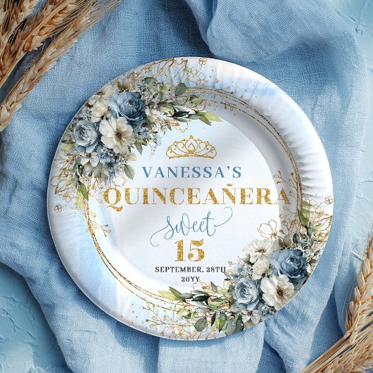 Bohemian Blue Floral Gold Custom Name Quince Plate ペーパープレート
