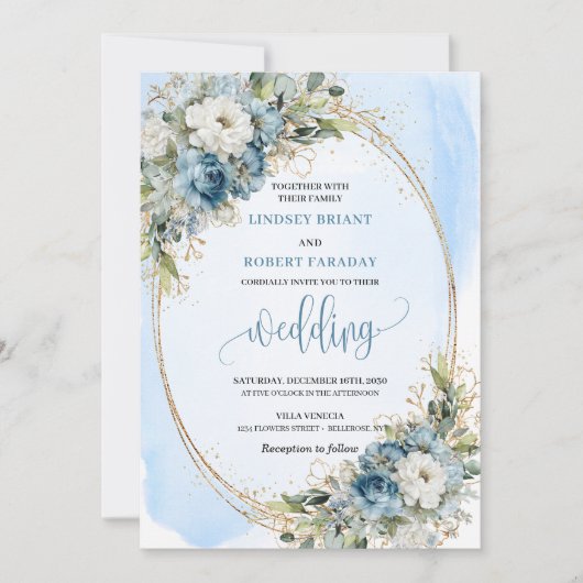 Bohemian Blue Floral Gold Glitter Wedding Invite 招待状 (正面)
