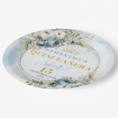 Bohemian Blue Floral Gold Personalized Quinceañera ペーパープレート (アングル)