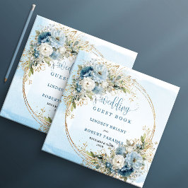 Bohemian Blue Floral Gold Wedding Guest Book ゲストブック