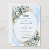 Bohemian Blue Floral Gold Wedding Invitation 招待状 (正面)