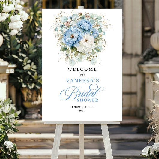 Bohemian Blue Floral Greenery Bridal Shower Welcom ポスター