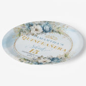 Bohemian Blue Flowers Eucalyptus Gold Name Plates ペーパープレート (アングル)