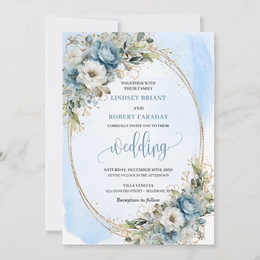 Bohemian Blue Flowers Gold Frame Wedding Invite 招待状 (正面)