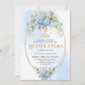 Bohemian Blue Flowers Gold Quinceañera Invitation 招待状 (正面)