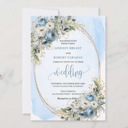 Bohemian Blue Flowers Greenery Gold Wedding Invite 招待状 (正面)