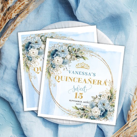 Bohemian Blue Watercolor Flowers Quinceañera スタンダードカクテルナプキン