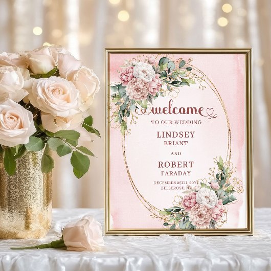 Bohemian Blush Floral Eucalyptus Gold Welcome ポスター