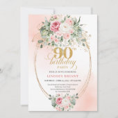 Bohemian Blush Floral Gold Greenery 90th Birthday 招待状 (正面)