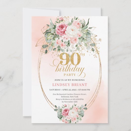 Bohemian Blush Floral Gold Greenery 90th Birthday 招待状 (正面)