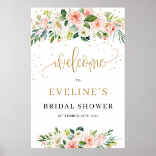 Bohemian Blush floral gold sparkles welcome sign ポスター