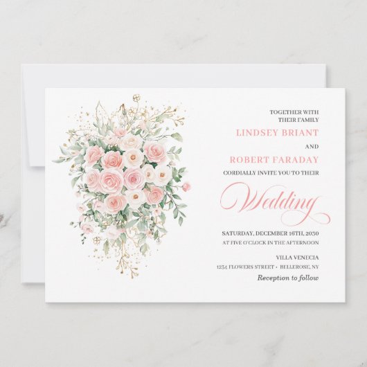 Bohemian Blush Floral Gold Wedding Invitation 招待状 (正面)