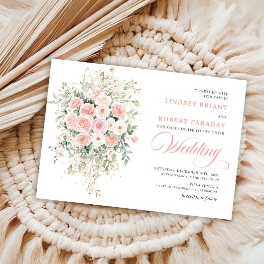 Bohemian Blush Floral Gold Wedding Invitation 招待状
