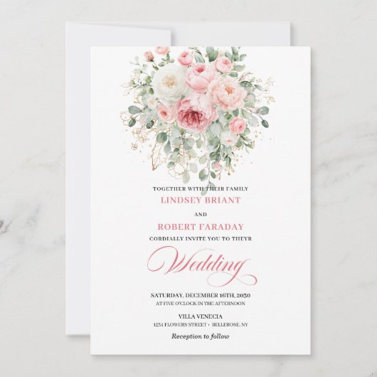 Bohemian Blush Peonies Gold Border Wedding Invite 招待状 (正面)