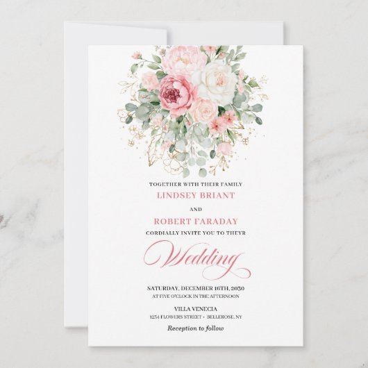 Bohemian Blush Peonies Gold Glitter Wedding Invite 招待状 (正面)
