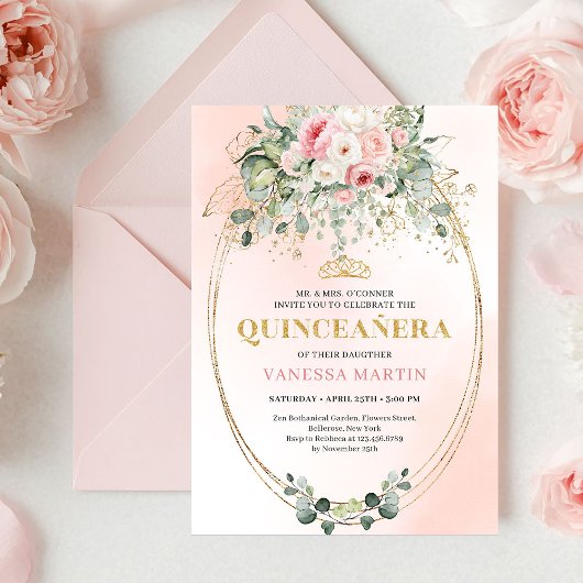 Bohemian Blush Pink Floral Quinceañera Invitation 招待状