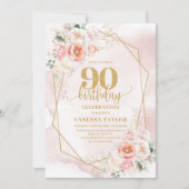 Bohemian Blush Pink Gold Floral 90th Birthday 招待状 (正面)