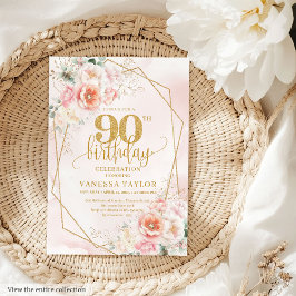 Bohemian Blush Pink Gold Floral 90th Birthday 招待状