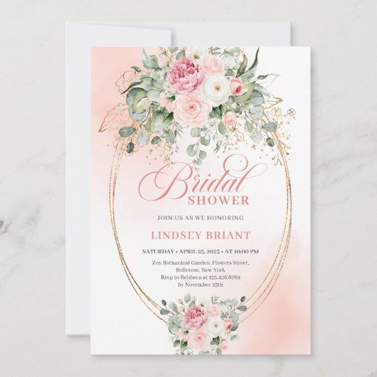 Bohemian Blush Roses Eucalyptus Gold Bridal Shower 招待状 (正面)