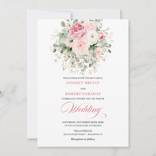 Bohemian Blush Roses Gold Frame Wedding Invitation 招待状 (正面)