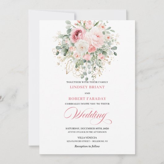 Bohemian Blush Roses Gold Glitter Wedding Invite 招待状 (正面)