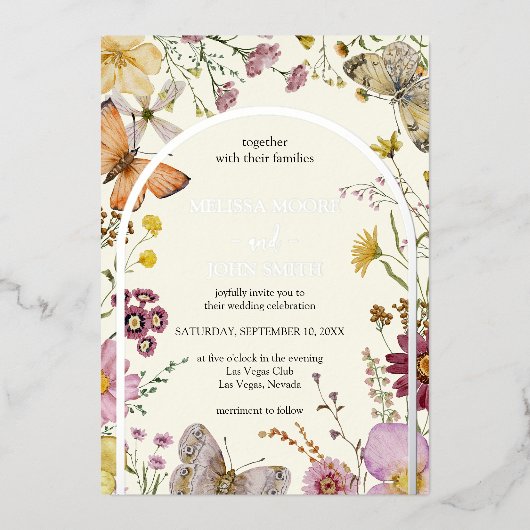 Bohemian Boho Wildflower Wedding 箔招待状 (正面)