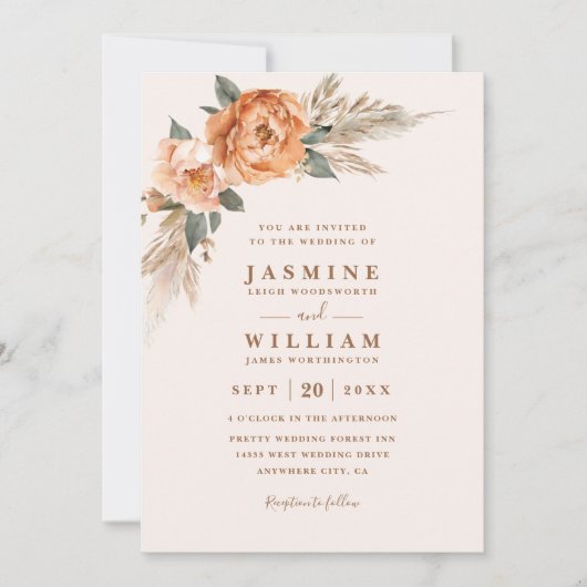 Bohemian Bouquet Rustic Elegant QR Code Wedding 招待状 (正面)