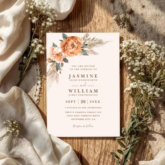 Bohemian Bouquet Rustic Elegant QR Code Wedding 招待状
