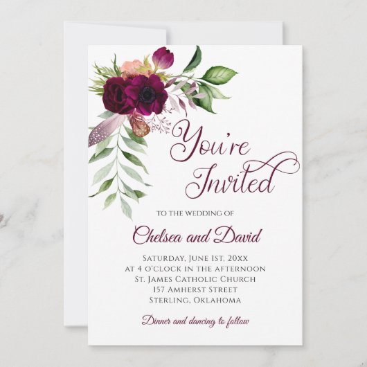 Bohemian Burgundy Feather Wedding | 案内状 (正面)