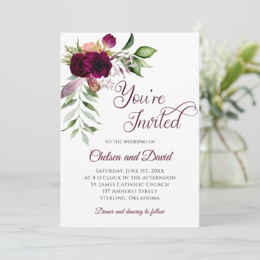 Bohemian Burgundy Feather Wedding | 案内状 (スタンド正面)