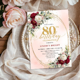 Bohemian Burgundy Floral Milestone 80th Birthday  招待状