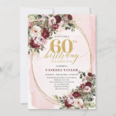Bohemian Burgundy Gold Floral 60th Birthday Invite 招待状 (正面)
