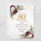 Bohemian Burgundy Gold Floral 80th Birthday 招待状 (正面)