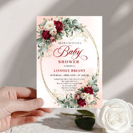 Bohemian Burgundy Peony Floral Baby Shower Invite 招待状