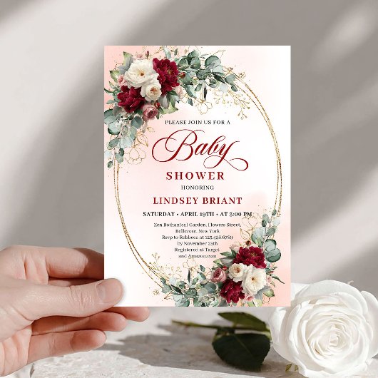 Bohemian Burgundy Peony Floral Baby Shower Invite 招待状