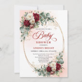 Bohemian Burgundy Peony Floral Baby Shower Invite 招待状 (正面)