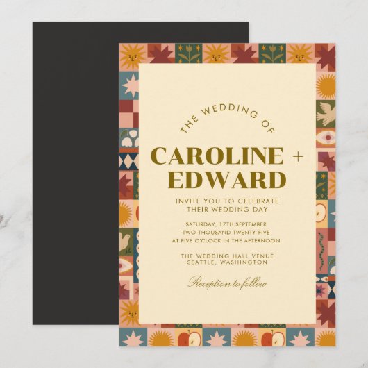 Bohemian Celestial Patchwork Wedding 招待状 (正面/裏面)