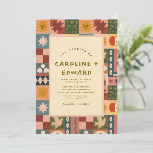 Bohemian Celestial Patchwork Wedding Invitation 招待状 (スタンド正面)