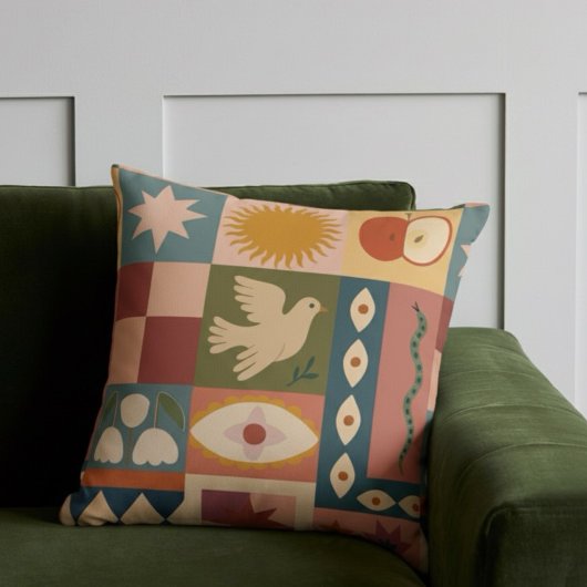 Bohemian Celestial Patchwork with Mystical Symbols クッション