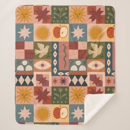 Bohemian Celestial Patchwork with Mystical Symbols シェルパブランケット (正面)